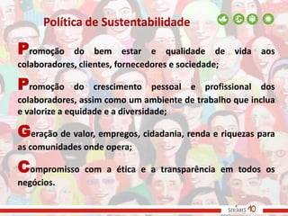 Política de Sustentabilidade

Promoção     do bem estar e qualidade de             vida   aos
colaboradores, clientes, fornecedores e sociedade;

Promoção       do crescimento pessoal e profissional dos
colaboradores, assim como um ambiente de trabalho que inclua
e valorize a equidade e a diversidade;

Geração de valor, empregos, cidadania, renda e riquezas para
as comunidades onde opera;

Compromisso     com a ética e a transparência em todos os
negócios.
 