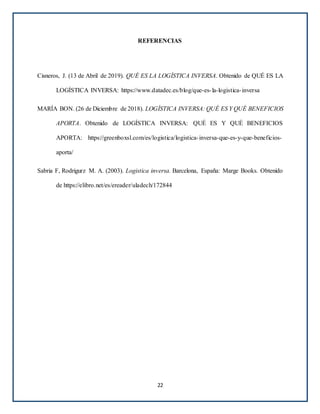 REFERENCIAS
Cisneros, J. (13 de Abril de 2019). QUÉ ES LA LOGÍSTICA INVERSA. Obtenido de QUÉ ES LA
LOGÍSTICA INVERSA: https://www.datadec.es/blog/que-es-la-logistica-inversa
MARÍA BON. (26 de Diciembre de 2018). LOGÍSTICA INVERSA: QUÉ ES Y QUÉ BENEFICIOS
APORTA. Obtenido de LOGÍSTICA INVERSA: QUÉ ES Y QUÉ BENEFICIOS
APORTA: https://greenboxsl.com/es/logistica/logistica-inversa-que-es-y-que-beneficios-
aporta/
Sabria F, Rodrigurz M. A. (2003). Logistica inversa. Barcelona, España: Marge Books. Obtenido
de https://elibro.net/es/ereader/uladech/172844
22
 