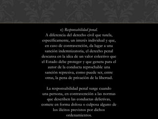 c) Responsabilidad penal.
A diferencia del derecho civil que tutela,
específicamente, un interés individual y que,
en caso de contravención, da lugar a una
sanción indemnizatoria, el derecho penal
descansa en la idea de un valor colectivo que
el Estado debe proteger y que genera para el
autor de la conducta reprochable una
sanción represiva, como puede ser, entre
otras, la pena de privación de la libertad.
La responsabilidad penal surge cuando
una persona, en contravención a las normas
que describen las conductas delictivas,
comete en forma dolosa o culposa alguno de
los ilícitos previstos por dichos
ordenamientos.
 