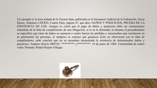 Un ejemplo es la tesis aislada de la Tercera Sala, publicada en el Semanario Judicial de la Federación, Sexta
Época, Volumen LXXXIV, Cuarta Parte, página 47, que dice: DAÑOS Y PERJUICIOS, PRUEBA DE LA
EXISTENCIA DE LOS. Aunque es cierto que el pago de daños y perjuicios debe ser consecuencia
inmediata de la falta de cumplimiento de una obligación, si ni en la demanda, ni durante el procedimiento
se especificó qué clase de daños se causaron o cuales fueron las pérdidas y menoscabos que resintieron en
su patrimonio las personas, ni tampoco se expresó qué ganancia lícita no obtuvieron con la falta de
cumplimiento, cabe concluir que no se encuentra demostrada la existencia de determinados daños y
perjuicios. Amparo directo 4007/62. ********* y*********. 19 de junio de 1964. Unanimidad de cuatro
votos. Ponente: Rafael Rojina Villegas
 