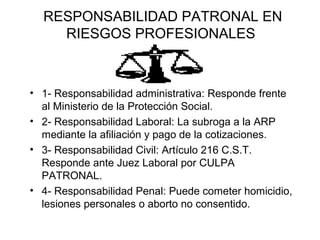 RESPONSABILIDAD PATRONAL EN
RIESGOS PROFESIONALES
• 1- Responsabilidad administrativa: Responde frente
al Ministerio de la Protección Social.
• 2- Responsabilidad Laboral: La subroga a la ARP
mediante la afiliación y pago de la cotizaciones.
• 3- Responsabilidad Civil: Artículo 216 C.S.T.
Responde ante Juez Laboral por CULPA
PATRONAL.
• 4- Responsabilidad Penal: Puede cometer homicidio,
lesiones personales o aborto no consentido.
 