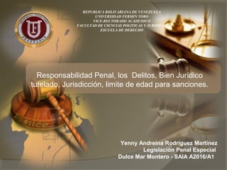 REPUBLICA BOLIVARIANA DE VENEZUELA
UNIVERSIDAD FERMIN TORO
VICE-RECTORADO ACADEMICO
FACULTAD DE CIENCIAS POLITICAS Y JURIDICAS
ESCUELA DE DERECHO
Yenny Andreina Rodriguez Martinez
Legislación Penal Especial
Dulce Mar Montero - SAIA A2016/A1
Responsabilidad Penal, los Delitos, Bien Jurídico
tutelado, Jurisdicción, limite de edad para sanciones.
 