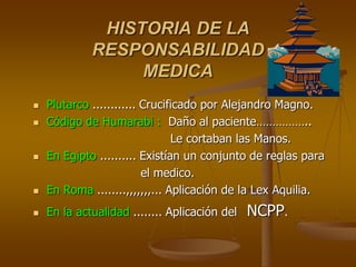 HISTORIA DE LA
             RESPONSABILIDAD
                  MEDICA
   Plutarco ............ Crucificado por Alejandro Magno.
   Código de Humarabi : Daño al paciente……………..
                                Le cortaban las Manos.
   En Egipto .......... Existían un conjunto de reglas para
                          el medico.
   En Roma ........,,,,,,,... Aplicación de la Lex Aquilia.
   En la actualidad ........ Aplicación del   NCPP.
 