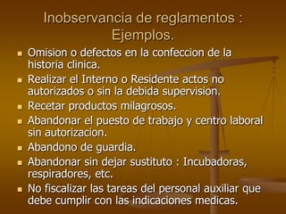 Inobservancia de reglamentos :
                 Ejemplos.
   Omision o defectos en la confeccion de la
    historia clinica.
   Realizar el Interno o Residente actos no
    autorizados o sin la debida supervision.
   Recetar productos milagrosos.
   Abandonar el puesto de trabajo y centro laboral
    sin autorizacion.
   Abandono de guardia.
   Abandonar sin dejar sustituto : Incubadoras,
    respiradores, etc.
   No fiscalizar las tareas del personal auxiliar que
    debe cumplir con las indicaciones medicas.
 