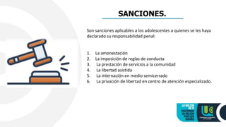SANCIONES.
Son sanciones aplicables a los adolescentes a quienes se les haya
declarado su responsabilidad penal:
1. La amonestación
2. La imposición de reglas de conducta
3. La prestación de servicios a la comunidad
4. La libertad asistida
5. La internación en medio semicerrado
6. La privación de libertad en centro de atención especializado.
 