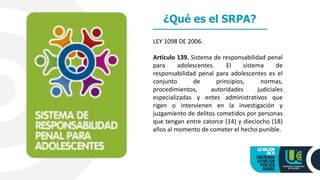 ¿Qué es el SRPA?
LEY 1098 DE 2006.
Artículo 139. Sistema de responsabilidad penal
para adolescentes. El sistema de
responsabilidad penal para adolescentes es el
conjunto de principios, normas,
procedimientos, autoridades judiciales
especializadas y entes administrativos que
rigen o intervienen en la investigación y
juzgamiento de delitos cometidos por personas
que tengan entre catorce (14) y dieciocho (18)
años al momento de cometer el hecho punible.
 