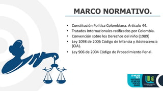 • Constitución Política Colombiana. Artículo 44.
• Tratados Internacionales ratificados por Colombia.
• Convención sobre los Derechos del niño (1989)
• Ley 1098 de 2006 Código de Infancia y Adolescencia
(CIA).
• Ley 906 de 2004 Código de Procedimiento Penal.
MARCO NORMATIVO.
 
