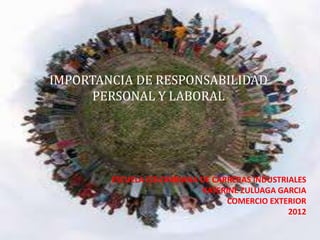 IMPORTANCIA DE RESPONSABILIDAD
      PERSONAL Y LABORAL




        ESCUELA COLOMBIANA DE CARRERAS INDUSTRIALES
                           KATERINE ZULUAGA GARCIA
                                 COMERCIO EXTERIOR
                                               2012
 
