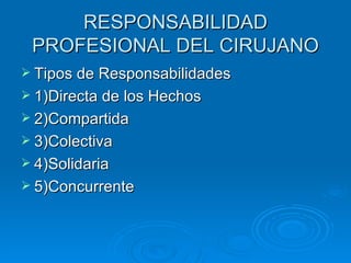 RESPONSABILIDAD PROFESIONAL DEL CIRUJANO Tipos de Responsabilidades 1)Directa de los Hechos 2)Compartida  3)Colectiva 4)Solidaria 5)Concurrente 