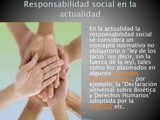  En la actualidad la
responsabilidad social
se considera un
concepto normativo no
obligatorio o “ley de los
tacos” (es decir, sin la
fuerza de la ley), tales
como los plasmados en
algunos acuerdos
internacionales, por
ejemplo, la “Declaración
universal sobre Bioética
y Derechos Humanos”
adoptada por la
UNESCO etc.
 