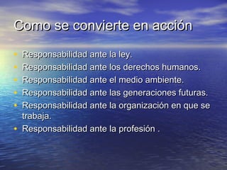 Como se convierte en acciónComo se convierte en acción
• Responsabilidad ante la ley.Responsabilidad ante la ley.
• Responsabilidad ante los derechos humanos.Responsabilidad ante los derechos humanos.
• Responsabilidad ante el medio ambiente.Responsabilidad ante el medio ambiente.
• Responsabilidad ante las generaciones futuras.Responsabilidad ante las generaciones futuras.
• Responsabilidad ante la organización en que seResponsabilidad ante la organización en que se
trabaja.trabaja.
• Responsabilidad ante la profesión .Responsabilidad ante la profesión .
 