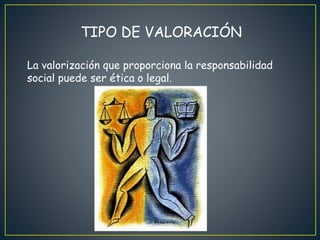 TIPO DE VALORACIÓN
La valorización que proporciona la responsabilidad
social puede ser ética o legal.
 