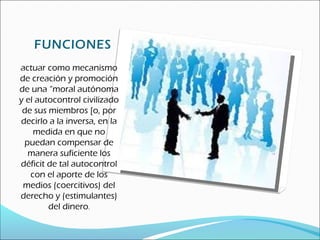 FUNCIONES
actuar como mecanismo
de creación y promoción
de una “moral autónoma
y el autocontrol civilizado
de sus miembros [o, por
decirlo a la inversa, en la
medida en que no
puedan compensar de
manera suficiente los
déficit de tal autocontrol
con el aporte de los
medios (coercitivos) del
derecho y (estimulantes)
del dinero.
 