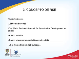 3. CONCEPTO DE RSE 

Más definiciones: 

­Comisión Europea 

­The World Business Council for Sustainable Development en 
Suiza: 

­ Banco Mundial. 

­ Banco Interamericano de Desarrollo – BID 

­Libro Verde Comunidad Europea .
 