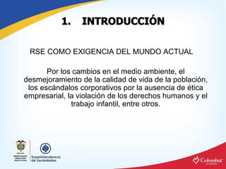 1.  INTRODUCCIÓN 

 RSE COMO EXIGENCIA DEL MUNDO ACTUAL 

       Por los cambios en el medio ambiente, el 
desmejoramiento de la calidad de vida de la población, 
 los escándalos corporativos por la ausencia de ética 
empresarial, la violación de los derechos humanos y el 
              trabajo infantil, entre otros.
 