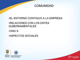 COMUNIDAD 


•EL ENTORNO CONTIGUO A LA EMPRESA 
•RELACIONES CON LOS ENTES 
GUBERNAMENTALES 
•ONG`S 
•ASPECTOS SOCIALES
 