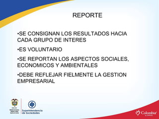 REPORTE 

•SE CONSIGNAN LOS RESULTADOS HACIA 
CADA GRUPO DE INTERES 
•ES VOLUNTARIO 
•SE REPORTAN LOS ASPECTOS SOCIALES, 
ECONOMICOS Y AMBIENTALES 
•DEBE REFLEJAR FIELMENTE LA GESTION 
EMPRESARIAL
 
