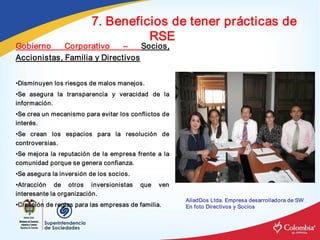 7. Beneficios de tener prácticas de 
                                       RSE 
Gobierno  Corporativo  –  Socios, 
Accionistas, Familia y Directivos 


•Disminuyen los riesgos de malos manejos. 
•Se  asegura  la  transparencia  y  veracidad  de  la 
información. 
•Se crea un mecanismo para evitar los conflictos de 
interés. 
•Se  crean  los  espacios  para  la  resolución  de 
controversias. 
•Se  mejora  la  reputación  de  la  empresa  frente  a  la 
comunidad porque se genera confianza. 
•Se asegura la inversión de los socios. 
•Atracción  de  otros  inversionistas  que  ven 
interesante la organización. 
                                                               AliadDos Ltda. Empresa desarrolladora de SW 
•Creación de reglas para las empresas de familia.              En foto Directivos y Socios
 