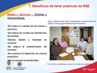 7. Beneficios de tener prácticas de RSE 

Bienes  y  Servicios  –  Clientes  y 
Consumidores. 
                                                Vías y Estructuras Ltda. Empresa de construcción de 
                                                Obras Civiles para Plataformas Petroleras.
•Se  mejora  la  calidad  de  los  bienes  y 
servicios. 
•Se mejora los niveles de satisfacción 
de clientes. 
•Genera  lealtad       y    fidelidad    de 
usuarios. 
•Se  mejora  el  entendimiento  del 
mercado. 
•Se  incentiva  el  desarrollo  de  nuevos 
productos. 
•Se incrementa la rentabilidad. 
                                            Foto: Dueño, empleadas y asesor en sistemas de gestión. 
 