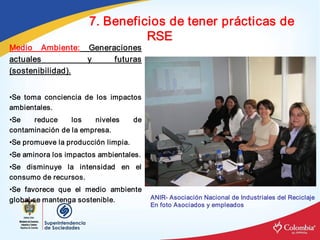 7. Beneficios de tener prácticas de 
                                   RSE 
Medio  Ambiente:  Generaciones 
actuales           y    futuras 
(sostenibilidad). 


•Se  toma  conciencia  de  los  impactos 
ambientales. 
•Se   reduce     los   niveles         de 
contaminación de la empresa. 
•Se promueve la producción limpia. 
•Se aminora los impactos ambientales. 
•Se  disminuye  la  intensidad  en  el 
consumo de recursos. 
•Se  favorece  que  el  medio  ambiente 
global se mantenga sostenible.           ANIR­ Asociación Nacional de Industriales del Reciclaje 
                                             En foto Asociados y empleados
 