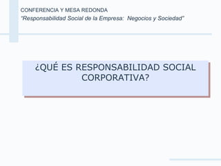 CONFERENCIA Y MESA REDONDA “ Responsabilidad Social de la Empresa:  Negocios y Sociedad” ¿QUÉ ES RESPONSABILIDAD SOCIAL CORPORATIVA? 