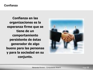 Confianza Confianza en las organizaciones es la esperanza firme que se tiene de un comportamiento persistente de éstas generador de algo bueno para las personas y para la sociedad en su conjunto. 