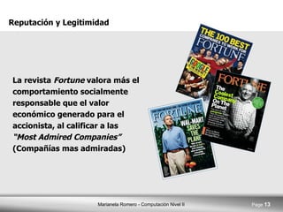 La revista  Fortune  valora más el comportamiento socialmente responsable que el valor económico generado para el accionista, al calificar a las  “Most Admired Companies”  (Compañías mas admiradas) Reputación y Legitimidad 