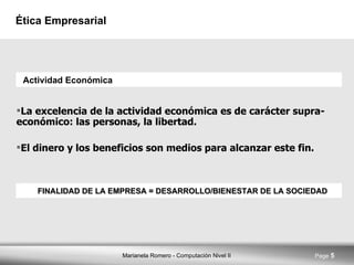 Ética Empresarial La excelencia de la actividad económica es de carácter supra-económico: las personas, la libertad. El dinero y los beneficios son medios para alcanzar este fin. Actividad Económica FINALIDAD DE LA EMPRESA = DESARROLLO/BIENESTAR DE LA SOCIEDAD 