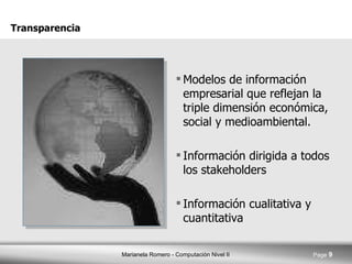 Modelos de información empresarial que reflejan la triple dimensión económica, social y medioambiental. Información dirigida a todos los stakeholders Información cualitativa y cuantitativa Transparencia 