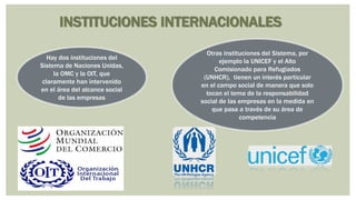INSTITUCIONES INTERNACIONALES
Hay dos instituciones del
Sistema de Naciones Unidas,
la OMC y la OIT, que
claramente han intervenido
en el área del alcance social
de las empresas
Otras instituciones del Sistema, por
ejemplo la UNICEF y el Alto
Comisionado para Refugiados
(UNHCR), tienen un interés particular
en el campo social de manera que solo
tocan el tema de la responsabilidad
social de las empresas en la medida en
que pasa a través de su área de
competencia
 