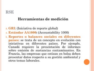 RSE
Herramientas de medición
3.
4.
5.

GRI: (Iniciativa de reporte global)
Estándar AA1000: (Accountability 1000)
Reportes o balances sociales en diferentes
países: se trata de un concepto en evolución con
iniciativas en diferentes países. Por ejemplo,
Canadá requiere la presentación de informes
sobre emisión de sustancias contaminantes. En
Francia, las empresas que cotizan en bolsa deben
presentar datos respecto a su gestión ambiental y
otros temas laborales.

 