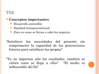 TSE


Conceptos importantes:
 -Desarrollo

sostenible
 -Equidad intergeneracional
 -Foco en como se llevan a cabo los negocios

“Satisfacer las necesidades del presente sin
comprometer la capacidad de las generaciones
futuras para satisfacer las propias”
“Ya no importan sólo los resultados, también se
valora como se llega a ellos” “El medio es
indisociable del fin”

 