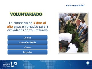 En la comunidad



 VOLUNTARIADO

 La compañía da 3 días al
año a sus empleados para a
actividades de voluntariado

           Charlas

       Asesoría a ONGs

           Clases

          Brigadas
 