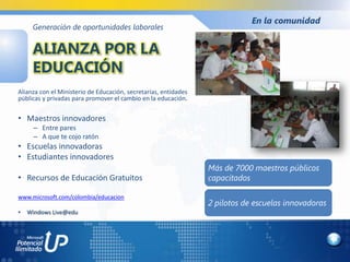 En la comunidad
     Generación de oportunidades laborales


     ALIANZA POR LA
     EDUCACIÓN
Alianza con el Ministerio de Educación, secretarías, entidades
públicas y privadas para promover el cambio en la educación.


• Maestros innovadores
      – Entre pares
      – A que te cojo ratón
• Escuelas innovadoras
• Estudiantes innovadores
                                                                 Más de 7000 maestros públicos
• Recursos de Educación Gratuitos                                capacitados

www.microsoft.com/colombia/educacion
                                                                 2 pilotos de escuelas innovadoras
•   Windows Live@edu
 