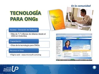 En la comunidad


TECNOLOGÍA
PARA ONGs
Acceso - Donación de Software

• Más de 7,7 millones de dólares desde el
  2003 en Colombia

Capacitación

• Días de la tecnología para ONGs.

Recursos en línea

• Página web - www.microsoft.com/ong
 
