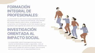 FORMACIÓN
INTEGRAL DE
PROFESIONALES:
La universidad no solo tiene la responsabilidad de formar
estudiantes en sus respectivas disciplinas, sino también
de inculcar valores como la ética, la solidaridad y el
compromiso con el bienestar social. Esto ayuda a que los
egresados sean agentes de cambio en sus comunidades.
INVESTIGACIÓN
ORIENTADA AL
IMPACTO SOCIAL
La Universidad realiza investigaciones que buscan
resolver problemáticas locales y regionales, como el
desarrollo agrícola, la protección del medio ambiente y la
mejora de la calidad de vida en la región. Esto es parte
de su compromiso con la responsabilidad social.
 