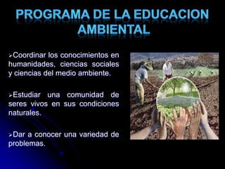 Coordinar los conocimientos en
humanidades, ciencias sociales
y ciencias del medio ambiente.
Estudiar una comunidad de
seres vivos en sus condiciones
naturales.
Dar a conocer una variedad de
problemas.
 