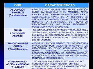 ONG CARACTERISTICAS
ASOCIACIÓN
BIOVERDE
(Cundinamarca)
ENFOCADA A CONSTRUIR UNA MEJOR RELACIÓN
ENTRE LA COMUNIDAD Y EL AMBIENTE, APOYA
PROCESOS DE DESARROLLO AGROFORESTALES Y
AMBIENTALES A TRAVÉS DE LA PRESTACIÓN DE
SERVICIOS Y COMERCIALIZACIÓN DE PRODUCTOS,
MEDIANTE LA ELABORACIÓN DE PROYECTOS
PRODUCTIVOS EN LAS ÁREAS AMBIENTALES,
FORESTALES Y AGRO ECOLÓGICAS.
FUNAD
( Barranquilla
Atlántico)
CONSTITUIDA POR EXPERTOS E INTERESADOS EN LA
TEMÁTICA DEL CAMBIO CLIMÁTICO EN EL CARIBE Y LA
BÚSQUEDA DE ALTERNATIVAS VIABLES, EFICACES Y
EFICIENTES PARA LA ADAPTACIÓN Y MITIGACIÓN DE
DICHO FENÓMENO
FUNDACIÓN BIEN
COMÚN
( Yopal Casanare)
APOYAR A LAS COMUNIDADES DE LOS SECTORES
PRODUCTIVOS POR MEDIO DE PROGRAMAS DE
CAPACITACION EN TEMAS COMO: CUIDADO DEL
MEDIO AMBIENTE, PROGRAMAS DE
REFORESTACION,LIMPIEZA DE FUENTES HIDRICAS,
CULTURA CIUDADANA, PARTICIPACION CIUDADANA,
MENTALIDAD EMPRENDEDORA.
FONDO PARA LA
ACCIÓN AMBIENTAL
Y LA NIÑEZ
ONG PRIVADA, CREADA EN EL 2000, ENFOCADA A
CONSTRUIR UNA MEJOR RELACIÓN ENTRE LA
COMUNIDAD Y EL AMBIENTE, Y A APOYAR PROCESOS
 