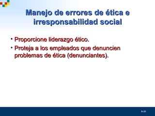 5–31
Manejo de errores de ética eManejo de errores de ética e
irresponsabilidad socialirresponsabilidad social
• Proporcio...