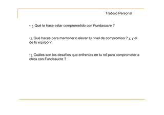 Trabajo Personal


• ¿ Qué te hace estar comprometido con Fundasucre ?


•¿ Qué haces para mantener o elevar tu nivel de compromiso ? ¿ y el
de tu equipo ?


•¿ Cuáles son los desafíos que enfrentas en tu rol para comprometer a
otros con Fundasucre ?
 