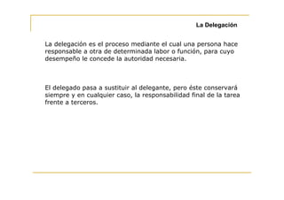 La Delegación


La delegación es el proceso mediante el cual una persona hace
responsable a otra de determinada labor o función, para cuyo
desempeño le concede la autoridad necesaria.



El delegado pasa a sustituir al delegante, pero éste conservará
siempre y en cualquier caso, la responsabilidad final de la tarea
frente a terceros.
 