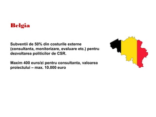 Belgia
Subventii de 50% din costurile externe
(consultanta, monitorizare, evaluare etc.) pentru
dezvoltarea politicilor de CSR.
Maxim 400 euro/zi pentru consultanta, valoarea
proiectului – max. 10.000 euro
 