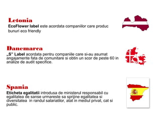 Letonia
EcoFlower label este acordata companiilor care produc
bunuri eco friendly
Danemarca
„S” Label acordata pentru companiile care si-au asumat
angajamente fata de comunitare si obtin un scor de peste 60 in
analize de audit specifice.
Spania
Eticheta egalitatii introdusa de ministerul responsabil cu
egalitatea de sanse urmareste sa sprijine egalitatea si
diversitatea in randul salariatilor, atat in mediul privat, cat si
public.
 