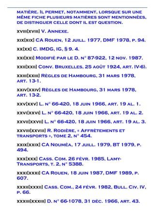 matière. Il permet, notamment, lorsque sur une
même fiche plusieurs matières sont mentionnées,
de distinguer celle dont il est question.
xviii[xviii] V. Annexe.
xix[xix] CA Rouen, 12 juill. 1977, DMF 1978, p. 94.
xx[xx] C. IMDG, IG, § 9. 4.
xxi[xxi] Modifié par le D. n° 87-922, 12 nov. 1987.
xxii[xxii] Conv. Bruxelles, 25 août 1924, art. IV-6).
xxiii[xxiii] Règles de Hambourg, 31 mars 1978,
art. 13-1.
xxiv[xxiv] Règles de Hambourg, 31 mars 1978,
art. 13-2.
xxv[xxv] L. n° 66-420, 18 juin 1966, art. 19 al. 1.
xxvi[xxvi] L. n° 66-420, 18 juin 1966, art. 19 al. 2.
xxvii[xxvii] L. n° 66-420, 18 juin 1966, art. 19 al. 3.
xxviii[xxviii] R. Rodière, « Affrètements et
transports », tome 2, n° 454.
xxix[xxix] CA Nouméa, 17 juill. 1979, BT 1979, p.
494.
xxx[xxx] Cass. Com. 26 févr. 1985, Lamy-
Transports, t. 2, n° 5388.
xxxi[xxxi] CA Rouen, 18 juin 1987, DMF 1989, p.
607.
xxxii[xxxii] Cass. Com., 24 févr. 1982, Bull. Civ. IV,
p. 66.
xxxiii[xxxiii] D. n° 66-1078, 31 déc. 1966, art. 43.
 