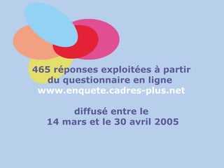 465 réponses exploitées à partir  du questionnaire en ligne  www.enquete.cadres-plus.net   diffusé entre le  14 mars et le 30 avril 2005 