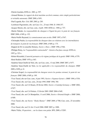 -Patrick Jourdain, RTD civ. 2001, p. 597.
-Arnaud Montas, Le rapport du droit maritime au droit commun, entre simple particularisme
et véritable autonomie. DMF 2008, n°691.
-Paul Lagarde, Rev. Crit. DIP, 2003, p. 285.
-Lerebours-Pigeonnière, obs. sur Cass. Civ., 25 mai 1948. D. 1948.357.
-Jacques Mestre, obs. sur Cass. com., 4 juill. 1989. RTD civ. 1989, p. 737.
-Martin Ndende, La responsabilité du chargeur à l'égard du port, le point de vue français.
DMF 2008, n°689, p. 152.
-Marie-Noëlle Raynaud, Le connaissement sans en-tête. DMF 1997, n°567.
-Christophe Paulin, La responsabilité du chargeur dans ses relations avec les intermédiaires
de transport, le point de vue français. DMF 2008, n°689, p. 175.
-Rapport de M. le conseiller Rémery, Navire « Dien ». DMF 1996, n°566.
-Philippe Rémy, La "responsabilité contractuelle" : histoire d'un faux concept. RTD civ.
1997, p. 323 s.
-Robert Rézenthel, L'autorité portuaire et le régime juridique de la garde. DMF 1998, n°579.
-René Rodière, DMF 1978, p. 663.
-Sandrine Sana-Chaillé de Néré, obs. sur Cass. com., 13 mai 2006. DMF 2007, n°677.
-Sandrine Sana-Chaillé de Néré, La loi applicable à la responsabilité du chargeur. DMF
2009, n°699, p. 41.
-Christian Scapel, La responsabilité du chargeur envers les penitus extranei, le point de vue
français. DMF 2008, n°689, p. 149.
-Yves Tassel, obs sur Cass. com., 8 juin 1993, Navire « Neptune-Garnet ». DMF 1994, n°538.
-Yves Tassel, obs. sur Cass. com., 24 mai 1994. DMF 1994, 705.
-Yves Tassel, obs. sur CA Rouen, 28 février 2002, Navire « Contship Germany ». DMF 2002,
n°627.
-Yves Tassel, obs. sur CA Poitiers, 12 février 2003. DMF 2004 n°649.
-Yves Tassel, obs. sur CA Montpellier, 11 avril 2006, Navire « Oriental Knight ». DMF 2008,
n°688.
-Yves Tassel, obs. sur Navire “Husky Runner”. DMF 2009, n°700, Cass. com., 25 novembre
2008.
-Yves Tassel, obs. sur CA Aix 13 avril 2006. DMF 2007, p. 1008.
-Marie Tilche, 10 questions… sur la clause sous palan. BTL 2008, n°3205.
70
 