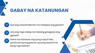 GABAY NA KATANUNGAN
Ano ang nararamdaman mo matapos ang gawain?
Paano mo inilarawan ang iyong output? May
pareho ba kayong gastusin ng iyong kasama? Sa
ibang mga kalahok?
Ano ang mga naiisip mo habang ginagawa ang
gawain?
 