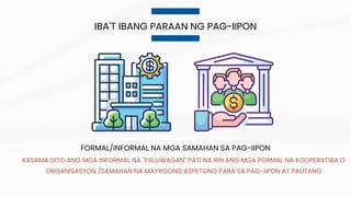IBA'T IBANG PARAAN NG PAG-IIPON
FORMAL/INFORMAL NA MGA SAMAHAN SA PAG-IIPON
KASAMA DITO ANG MGA INFORMAL NA "PALUWAGAN" PATI NA RIN ANG MGA PORMAL NA KOOPERATIBA O
ORGANISASYON /SAMAHAN NA MAYROONG ASPETONG PARA SA PAG-IIPON AT PAUTANG
 