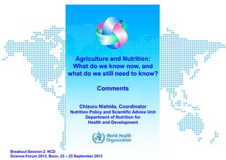 Agriculture and Nutrition:
What do we know now, and
what do we still need to know?
Comments
Chizuru Nishida, Coordinator
Nutrition Policy and Scientific Advice Unit
Department of Nutrition for
Health and Development
Breakout Session 2: NCD
Science Forum 2013, Bonn, 23 – 25 September 2013
 