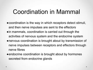 Coordination in Mammal
●coordination is the way in which receptors detect stimuli,
and then nerve impulses are sent to the effectors
●in mammals, coordination is carried out through the
activities of nervous system and the endocrine system
●nervous coordination is brought about by transmission of
nerve impulses between receptors and effectors through
nerve fibres
●endocrine coordination is brought about by hormones
secreted from endocrine glands
 